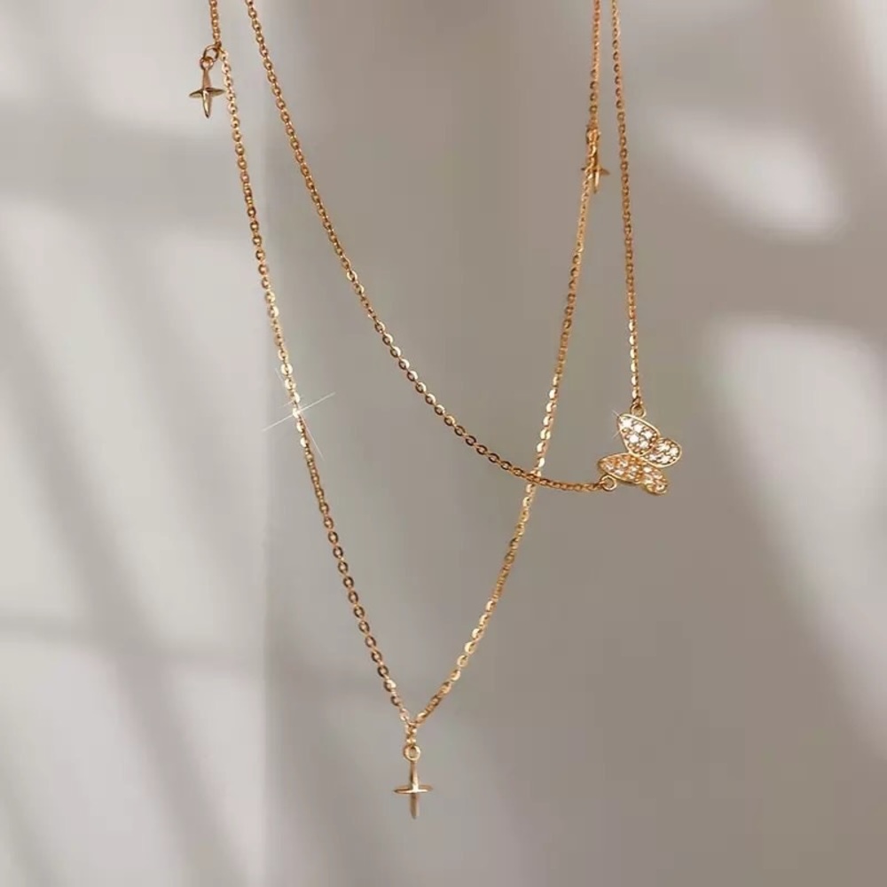 New 18K Gold Vermeil Sterling Silver 925 Layered Butterfly & Stars Necklace
